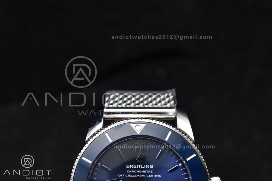 SuperOcean Heritage II BLSF 42mm SS Blue Dial Blue Ceramic Bezel on SS Mesh Bracelet A2824