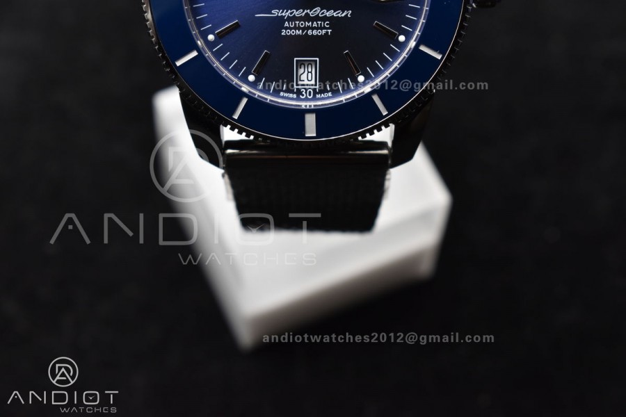 SuperOcean Heritage II BLSF 42mm SS Blue Dial Blue Ceramic Bezel on SS Mesh Bracelet A2824