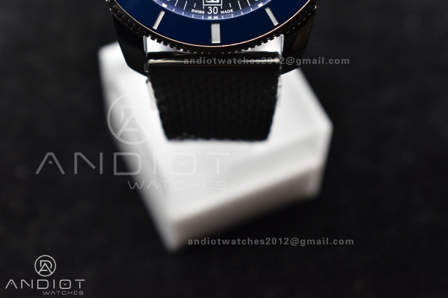 SuperOcean Heritage II BLSF 42mm SS Blue Dial Blue Ceramic Bezel on SS Mesh Bracelet A2824