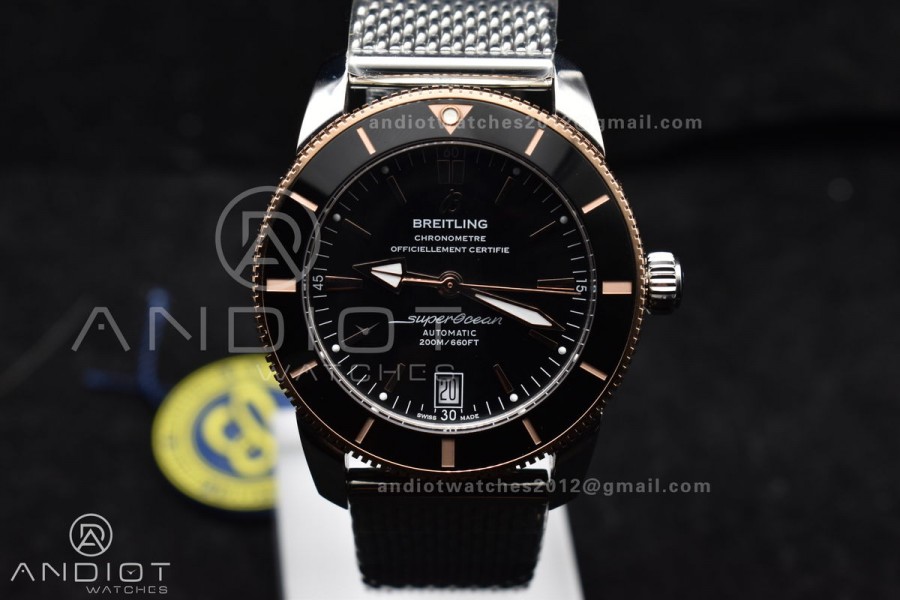 SuperOcean Heritage II BLSF 42mm SS Black Dial Black Ceramic Bezel on RG Bezel and Mesh Bracelet A2824