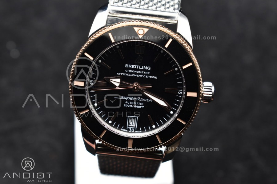 SuperOcean Heritage II BLSF 42mm SS Black Dial Black Ceramic Bezel on RG Bezel and Mesh Bracelet A2824