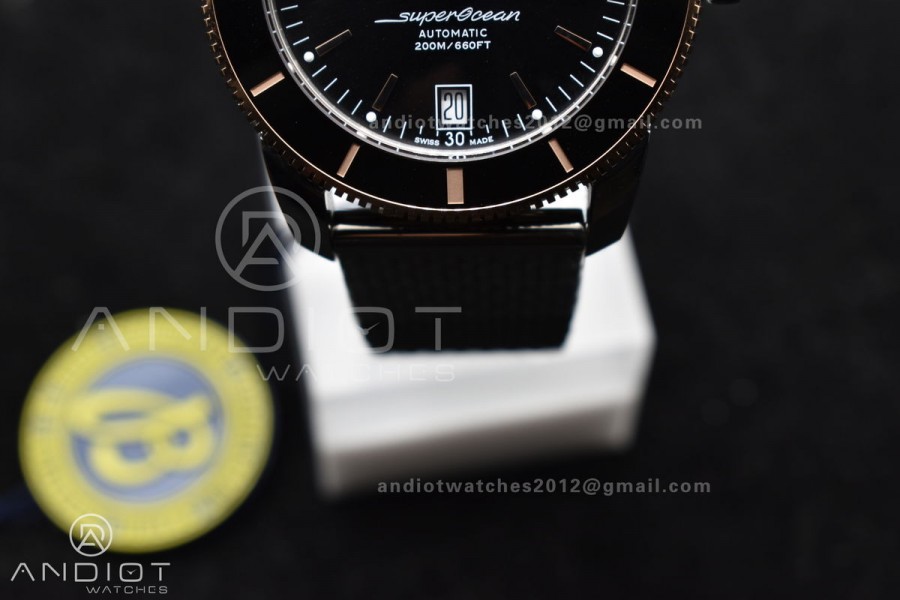 SuperOcean Heritage II BLSF 42mm SS Black Dial Black Ceramic Bezel on RG Bezel and Mesh Bracelet A2824