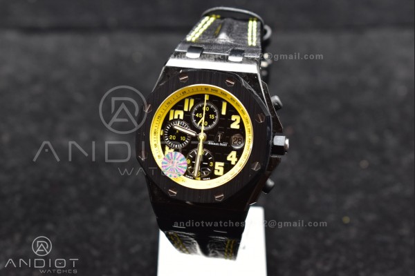 Royal Oak Offshore Bumble Bee Forged Carbon 1:1 JF Best Edition on Leather Strap A7750 V2 w/ Cyclops and DW Mod