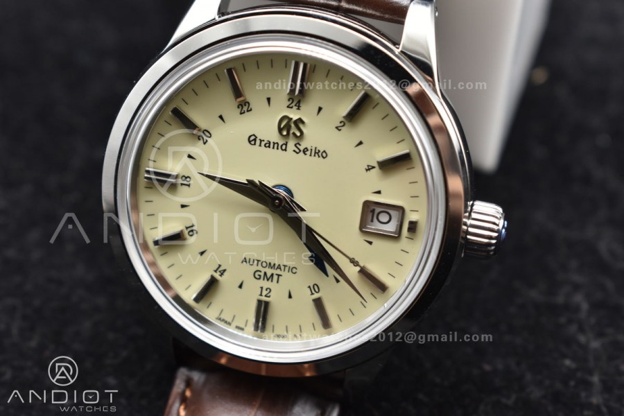 Grand Seiko Elegance GMT SS GSF 1:1 Best Edition Cream Dial on Brown Leather Strap NH34