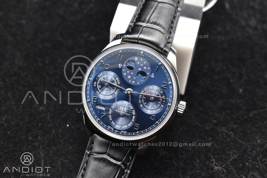 Portugieser Perpetual Calendar SS 5033 APSF 1:1 Best Edition Blue Dial on Black Leather Strap A52610 Clone