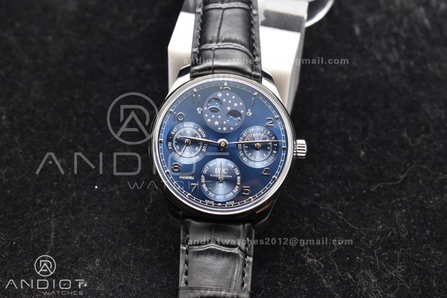 Portugieser Perpetual Calendar SS 5033 APSF 1:1 Best Edition Blue Dial on Black Leather Strap A52610 Clone