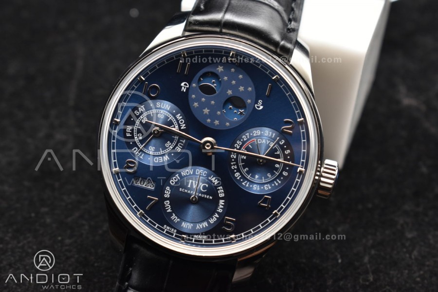 Portugieser Perpetual Calendar SS 5033 APSF 1:1 Best Edition Blue Dial on Black Leather Strap A52610 Clone