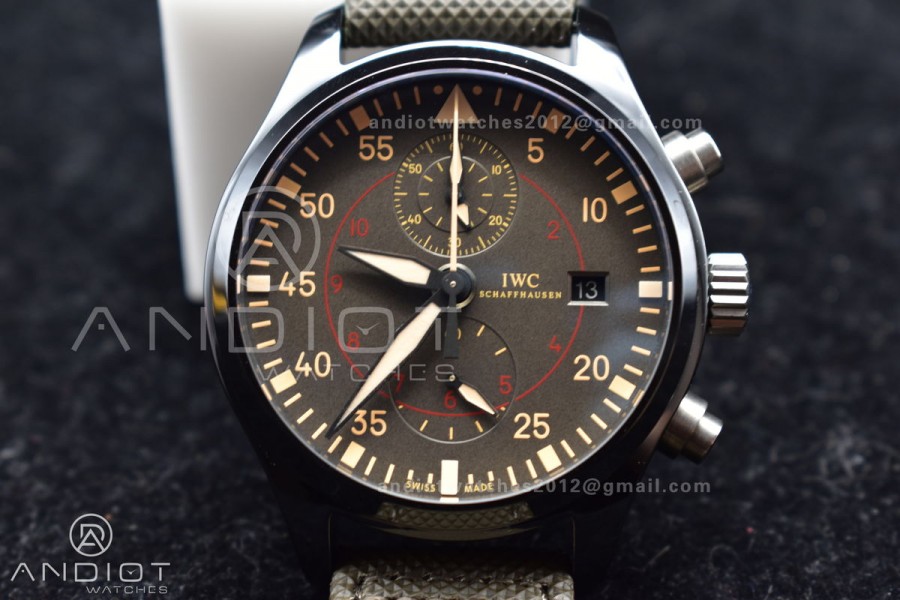 Pilot Chrono Top Gun IW389002 Real Ceramic ZF 1:1 Best Edition Gray Dial on Green Calfskin Strap A7750