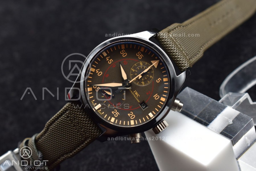 Pilot Chrono Top Gun IW389002 Real Ceramic ZF 1:1 Best Edition Gray Dial on Green Calfskin Strap A7750