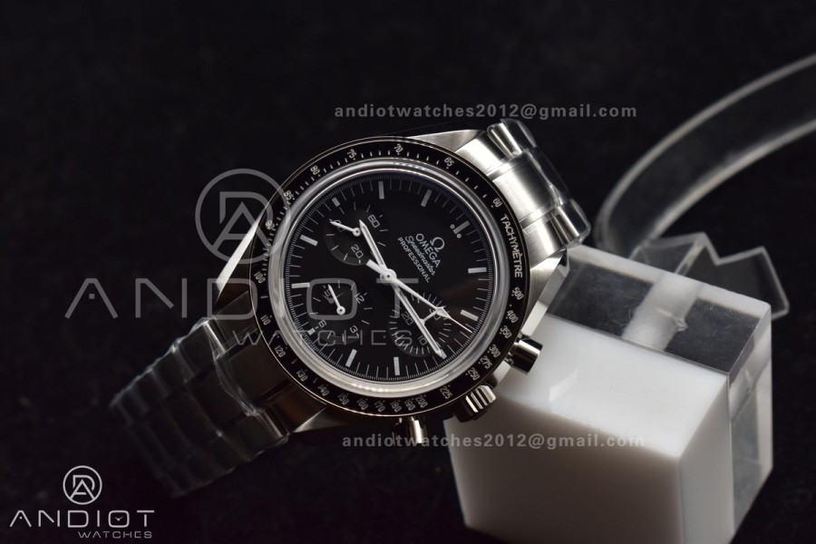 Speedmaster MoonWatch OMF SS Sapphire Crystal Black Dial on SS Bracelet Manual Winding Chrono Movement with Transparent Back