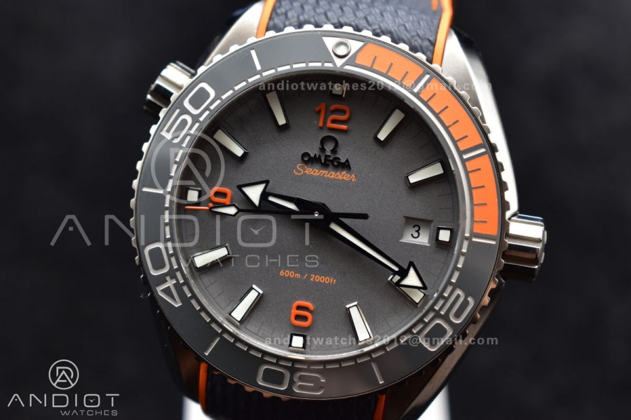 Planet Ocean 43.5mm SS VSF 1:1 Best Edition Black/Orange Bezel Gray Dial on Nylon Strap A8900 Super Clone V2