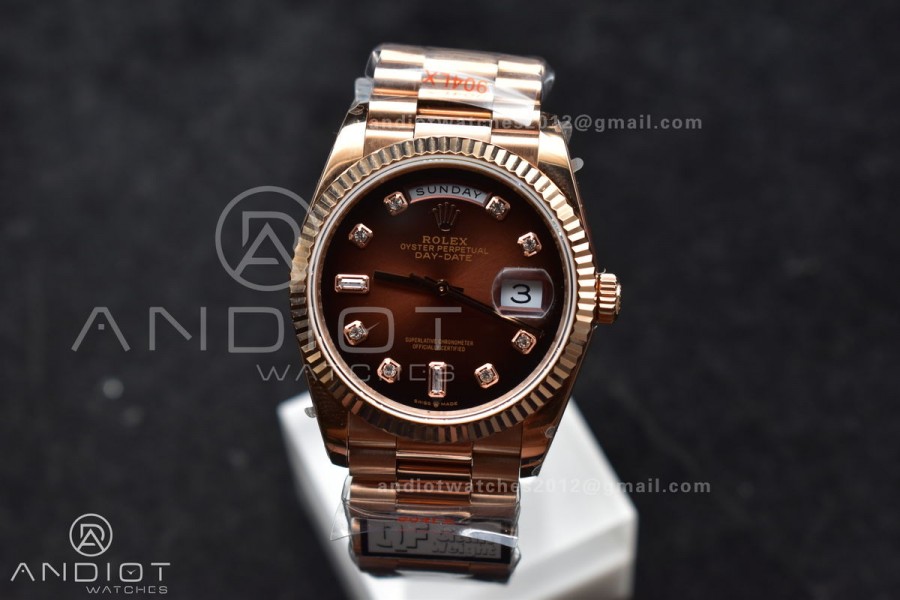 DayDate 36 RG QF Best Edition 904L Steel Brown Diamond Dial on President Bracelet vr3255 V5 (Gain Weight)