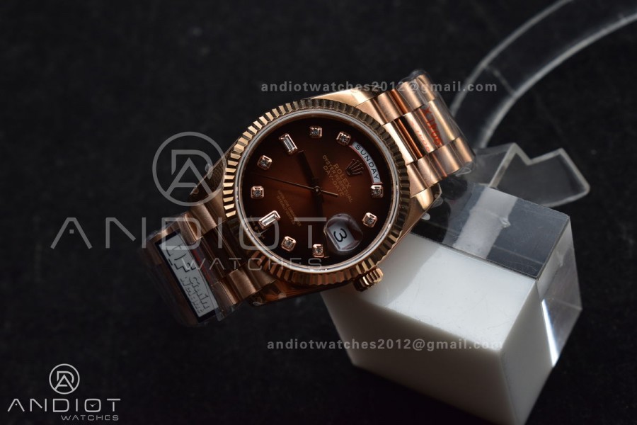 DayDate 36 RG QF Best Edition 904L Steel Brown Diamond Dial on President Bracelet vr3255 V5 (Gain Weight)
