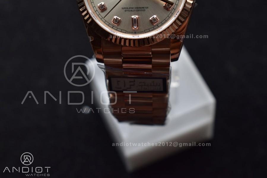 DayDate 36 RG QF Best Edition 904L Steel Silver Dial with Square Diamond on President Bracelet vr3255 V5 (Gain Weight)
